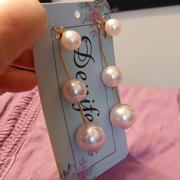 Nwt DENIFERY Pink Pearl & Gold tone Drop Dangle Earrings 3" tiered Elegant style - Picture 3 of 4